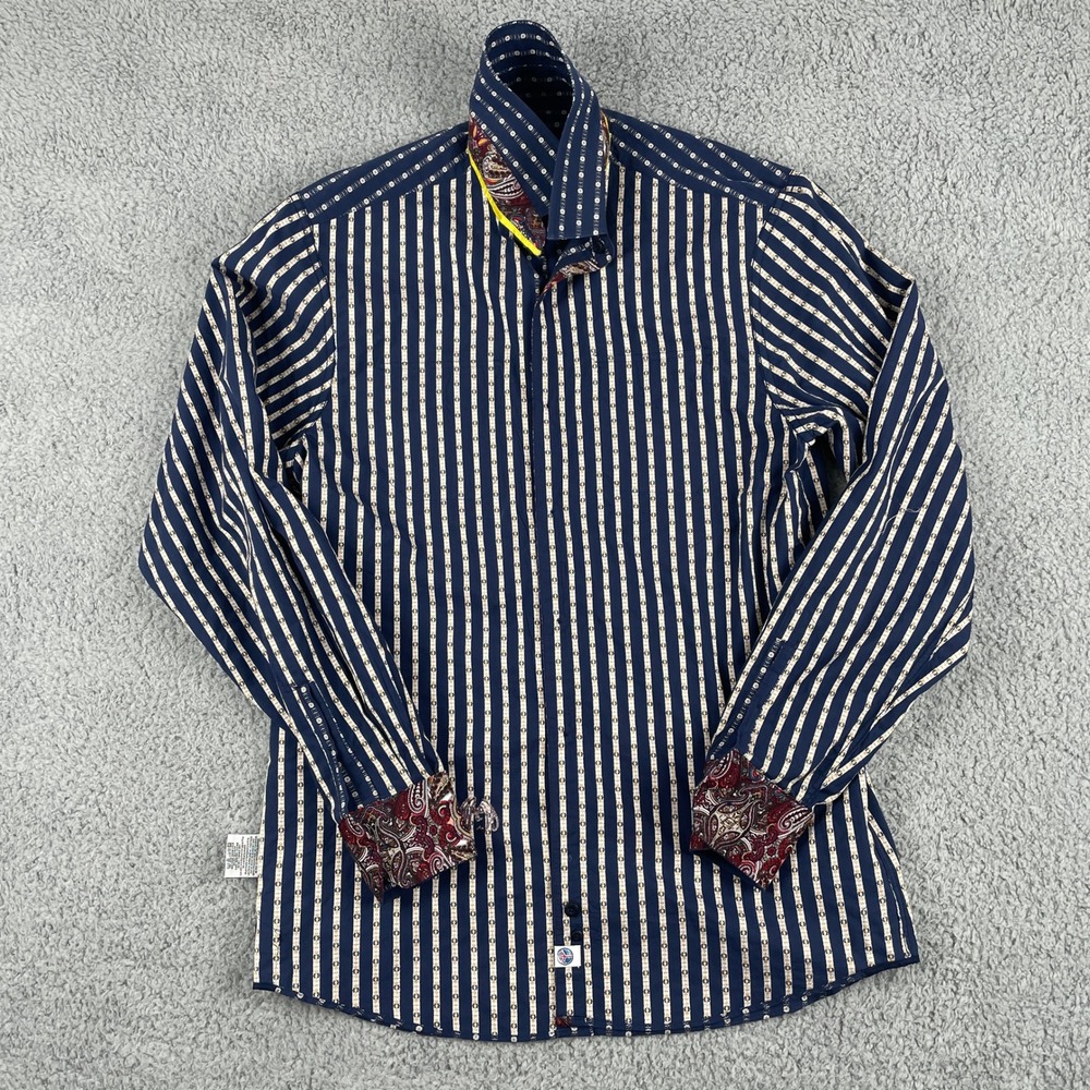 John Lennon Shirt Men M Blue Long Sleeve Button Down Daisy Stripe Retro Rock EUC - Picture 9 of 12